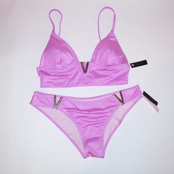Victoria Secret Swim Bikini Top & Bottom Pinkish Purple Shimmer Gold V Design Ha - Picture 1 of 15